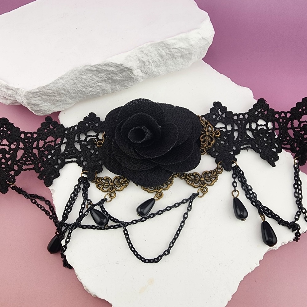 Gothic Black Lace Rose Festoon Choker Necklace Teardrop Bead Antique Bronze Tone